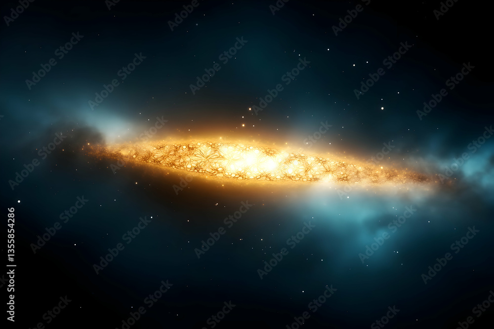 Poster dramatic galaxy displayed against a dark backdrop with golden hues and swirling nebula clouds in awe