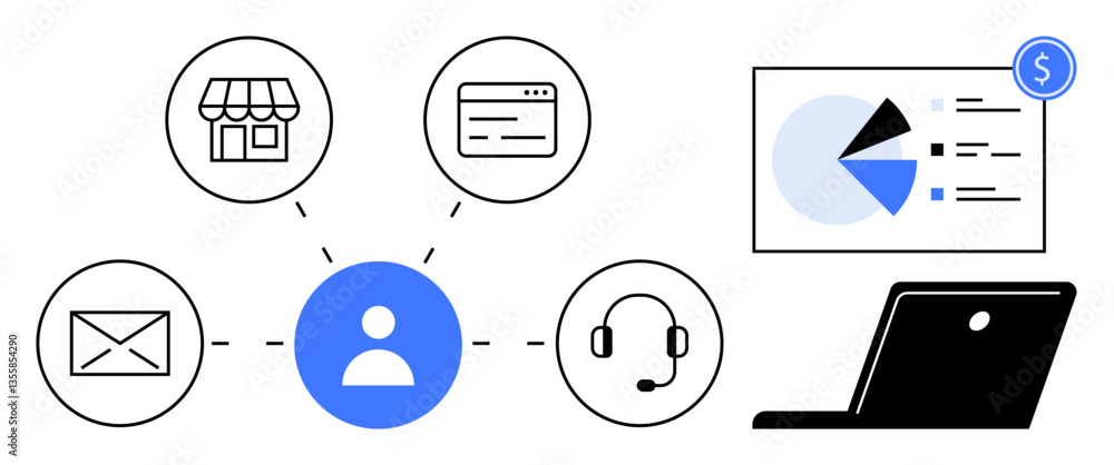 Poster user icon connected to email, store, browser, headset laptop screen displaying report with pie chart