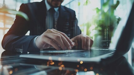 Businessman working on modern computer with data overlay for business analysis