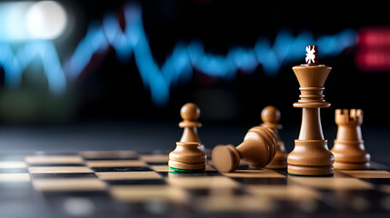 Dramatic Chessboard Setup with Fallen Pawn and Stock Market Graph in the Background Showcasing Wooden Chess Pieces Dark Backdrop and Strategy Concept