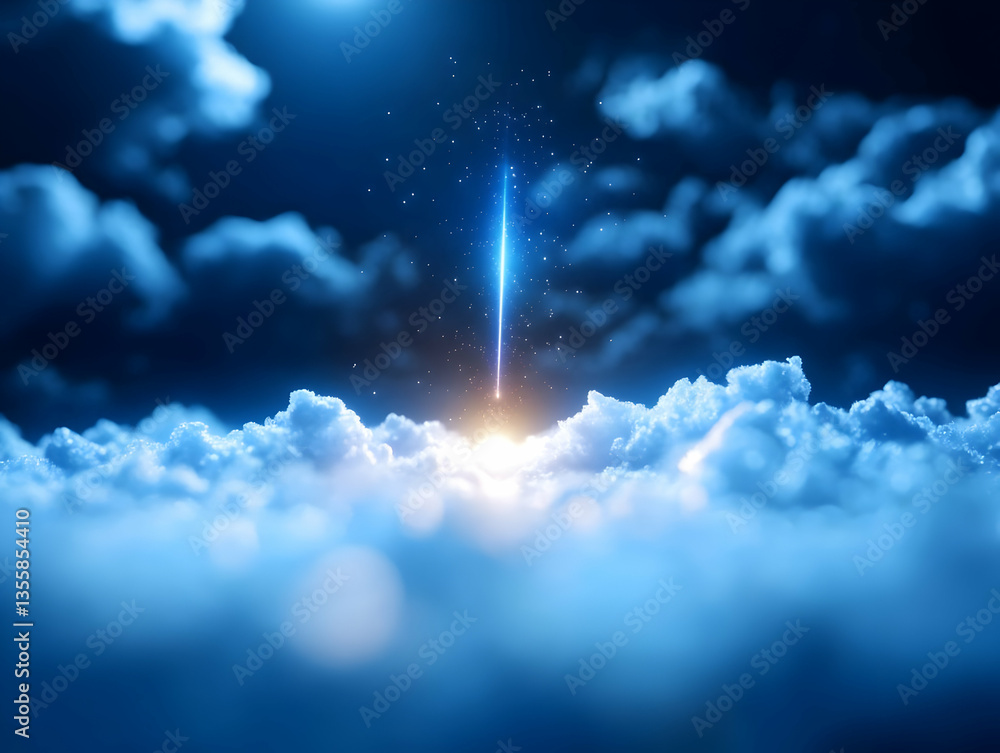Poster dramatic night sky featuring glowing clouds and a beam of light in deep blues creating an ethereal a