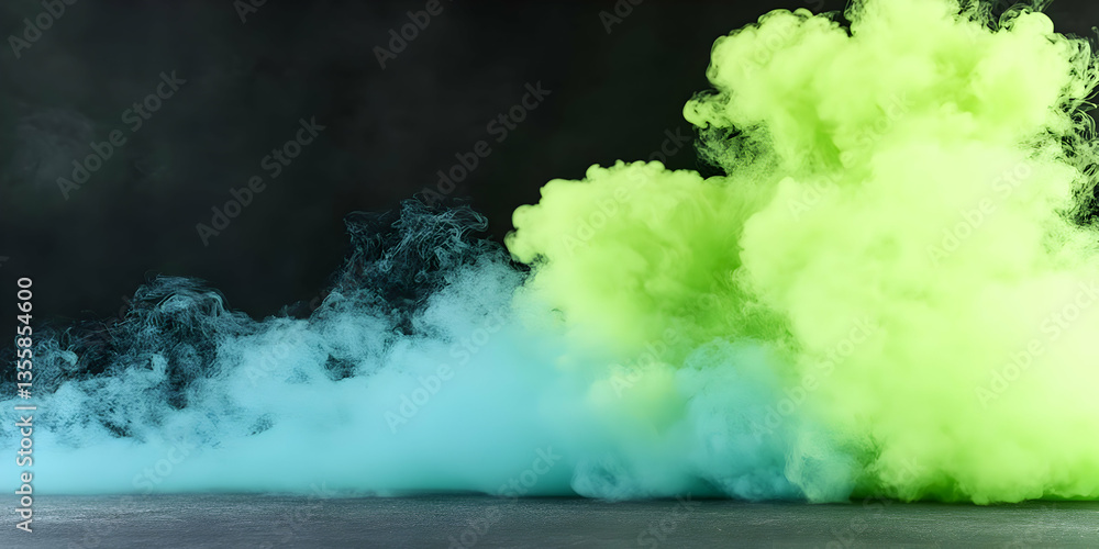 Poster dramatic swirls of lime green and aqua blue smoke against a dark backdrop creating a moody abstract 