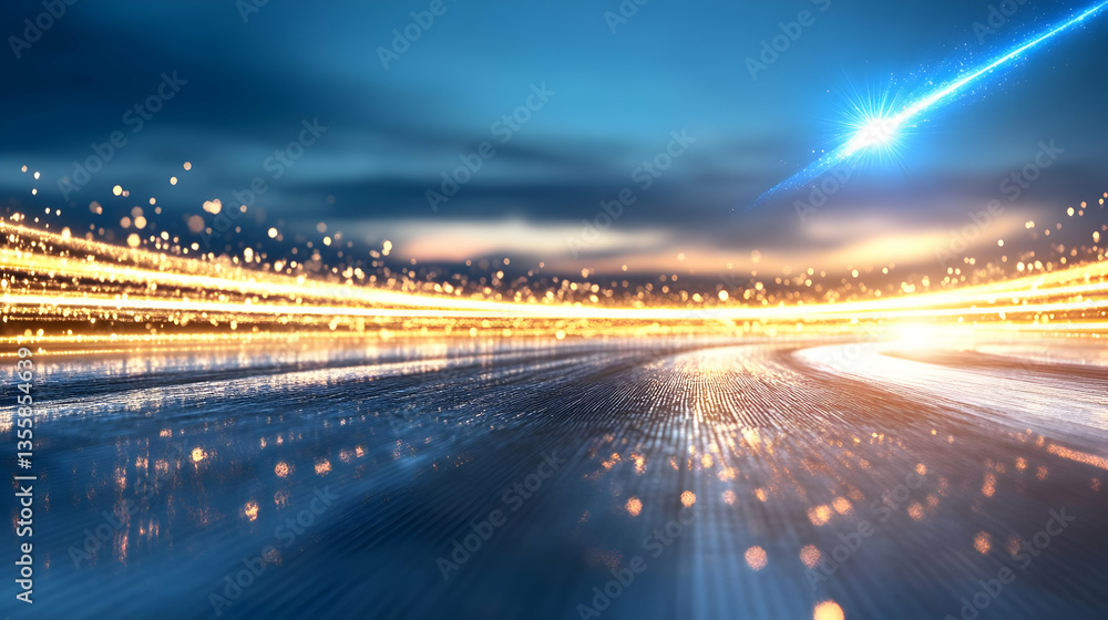 Poster dynamic abstract background with flowing blue and orange light trails on dark backdrop futuristic de