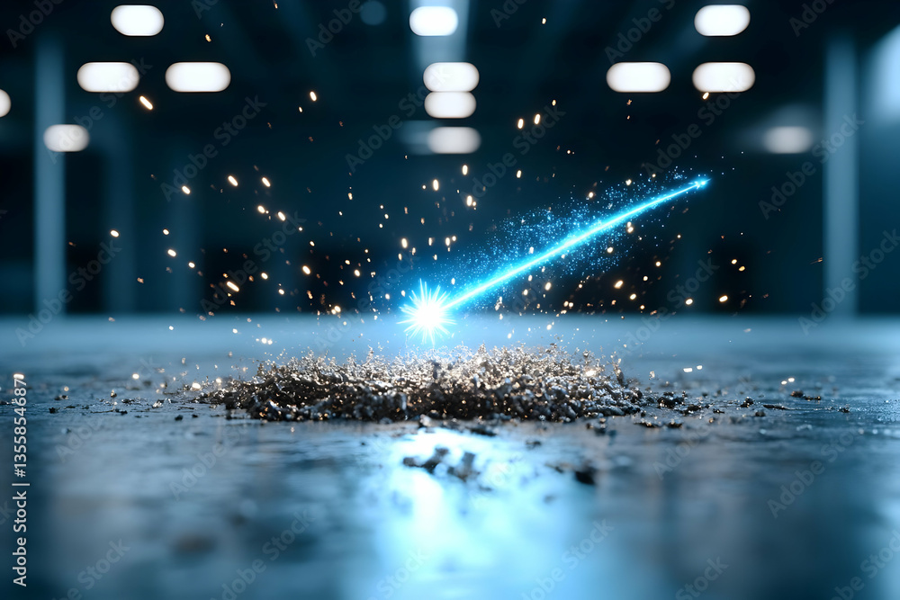Poster dynamic blue light sparks explosion with metal fragments on dark industrial floor illuminated by spo