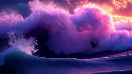 Surreal sunset over dramatic ocean waves. Possible use Background for a fantasy movie poster or digital art