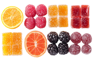 Colorful assortment of fruit gummies and slices, perfect for sweet treats or candy displays.