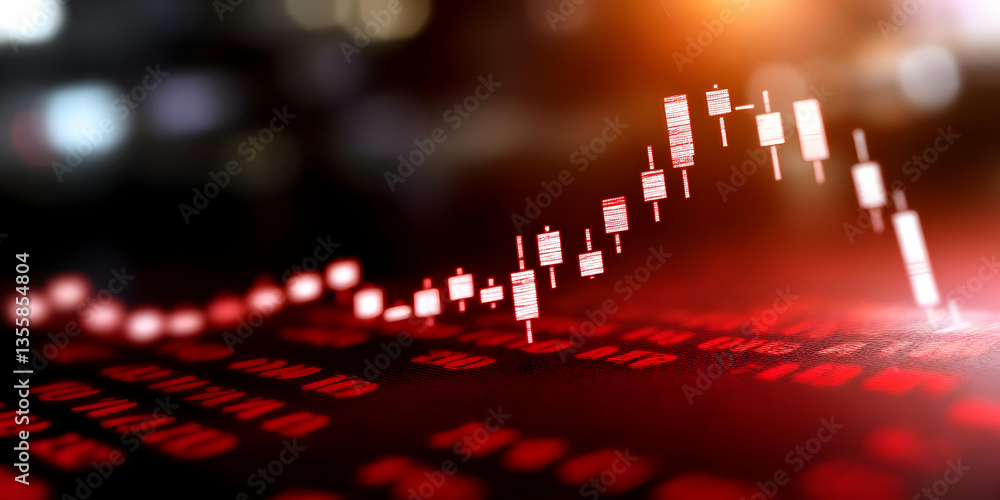 Poster dynamic red candlestick chart displaying stock market trends on dark blurred background representing