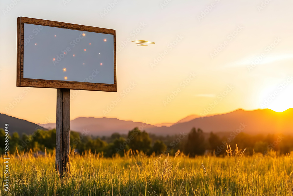 Poster empty billboard in golden field at sunset with mountain background and cloudless sky landscape with 