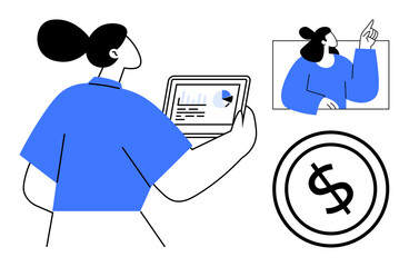 Woman reviewing data on a tablet with graph, another individual presenting, and dollar icon. Ideal for business, teamwork, finance, technology, analysis, productivity flat simple metaphor
