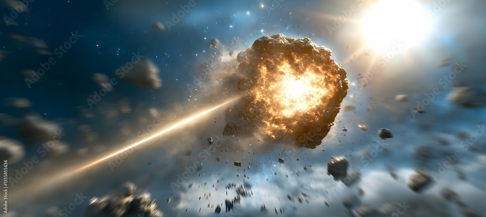 Poster fiery asteroid explosion in deep space with golden ray of light scattering debris against a backdrop