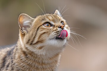 Obraz premium Close-up of a tabby cat licking its lips, looking upwards with a curious expression.