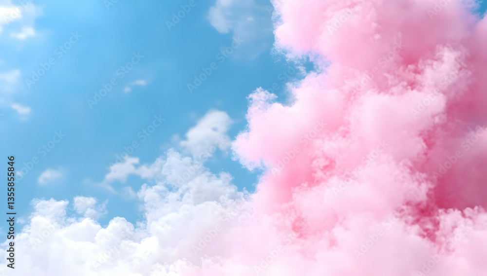 Poster fluffy pink cloud formation in a bright blue sky creating an abstract dreamy texture with soft paste