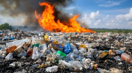 Obraz premium Burning pile of garbage emits smoke, plastic waste pollutes the foreground.