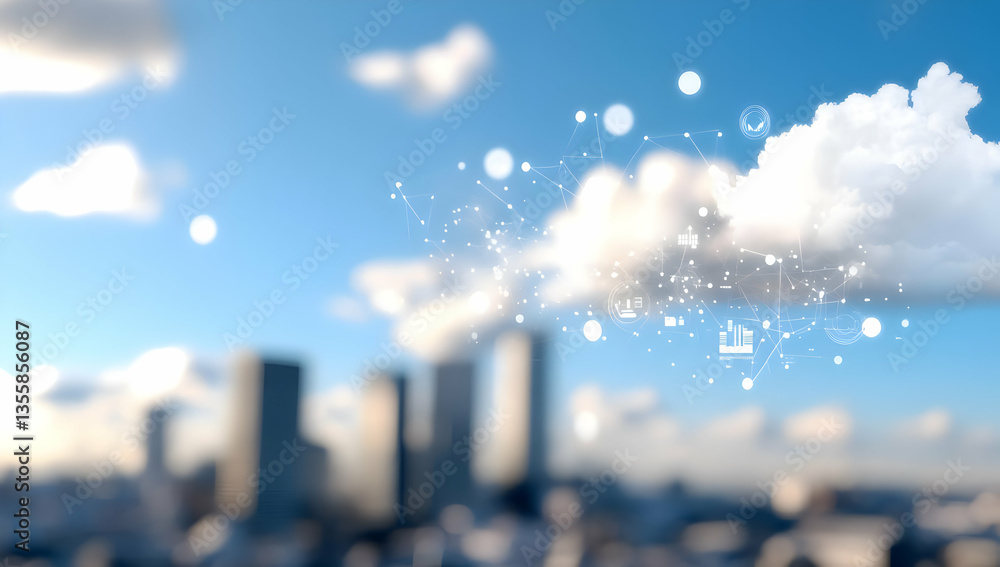 Poster futuristic cloud computing network above blurred city skyline with white data points and blue sky as
