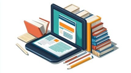 A digital tablet with an open online learning platform on the screen, surrounded by books and a pencil, on a transparent white PNG background 