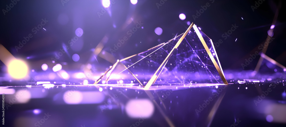 Poster geometric triangle structure in purple light with modern abstract design and shiny reflections featu