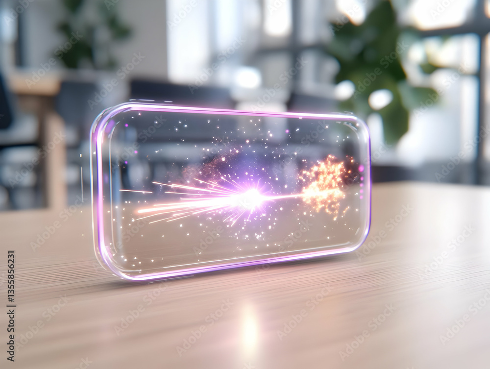 Poster futuristic transparent device with glowing particles on wooden desk in bright modern office innovati