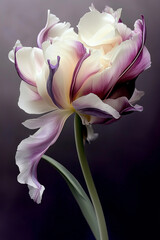 A pink flower, A blurry pastel toned photo of a swirling flower, white, pink and pastel yellow tulip flower with a long stem