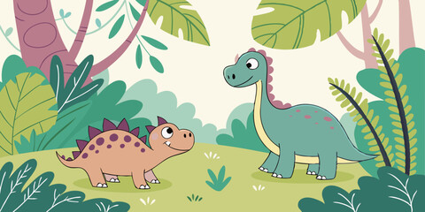 Cute Baby Dinosaurs in Prehistoric Forest, Design for Children. Colorful and Playful imaginary dino animals wallpaper. Vector funny dinosaur, vector background design for kids.
