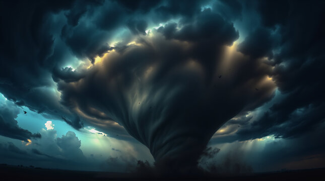 EF5 tornado with mammatus clouds, intense chiaroscuro lighting