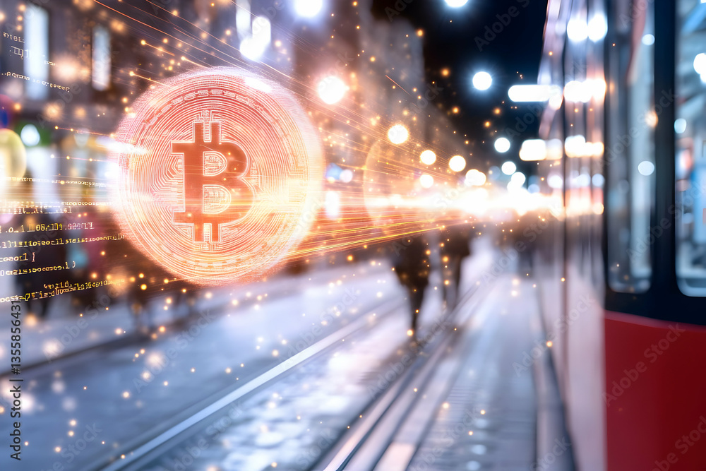 Poster glowing bitcoin orb displayed over railway in city night digital currency concept with futuristic vi