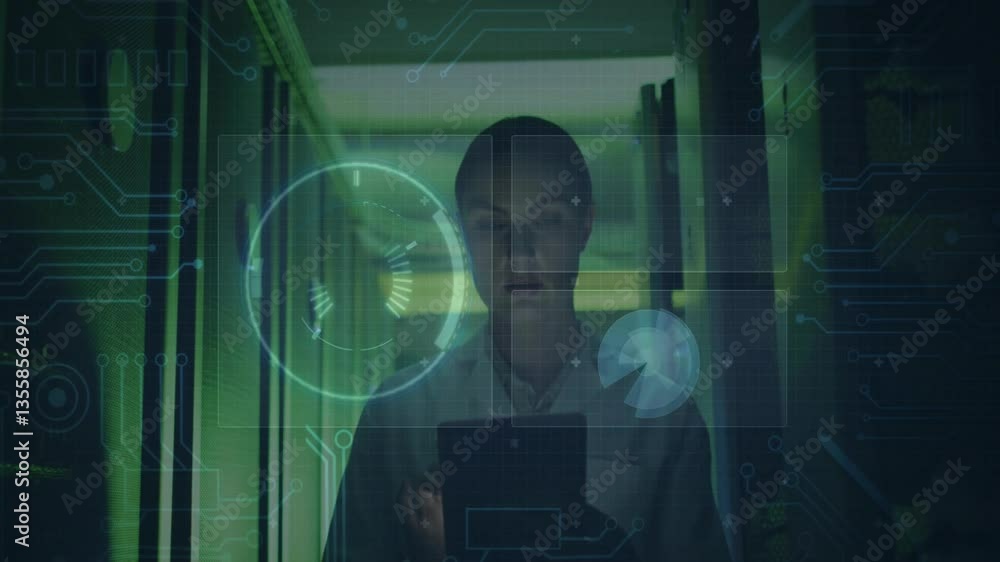  person using tablet with digital interface and data processing animation overlay