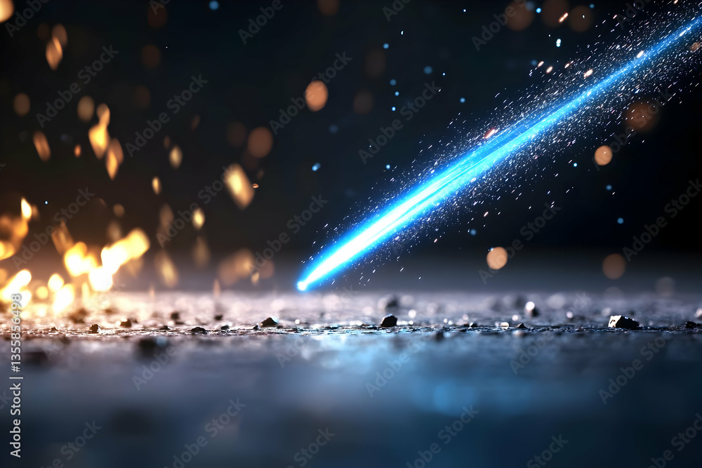 Poster glowing blue light streak with bokeh sparks on dark surface creates abstract futuristic visual with 