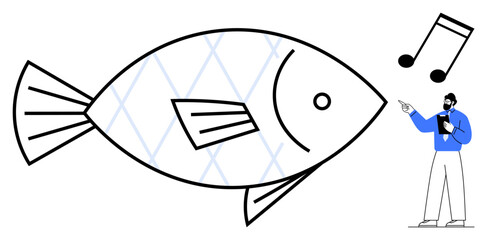 Man pointing at large fish as music notes suggest creativity, communication, or artistic collaboration. Ideal for education, storytelling, imagination, art, humor, innovation flat simple metaphor
