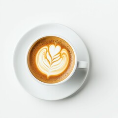 A beautifully crafted cup of coffee with latte art on a white saucer.