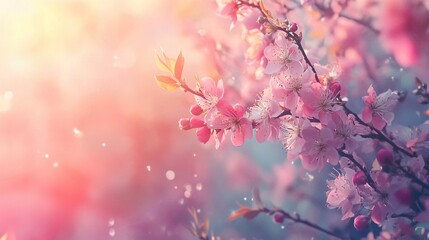 Obraz premium Beautiful spring scene showing a peach bush in bloom with delicate pink flowers against a colorful background.