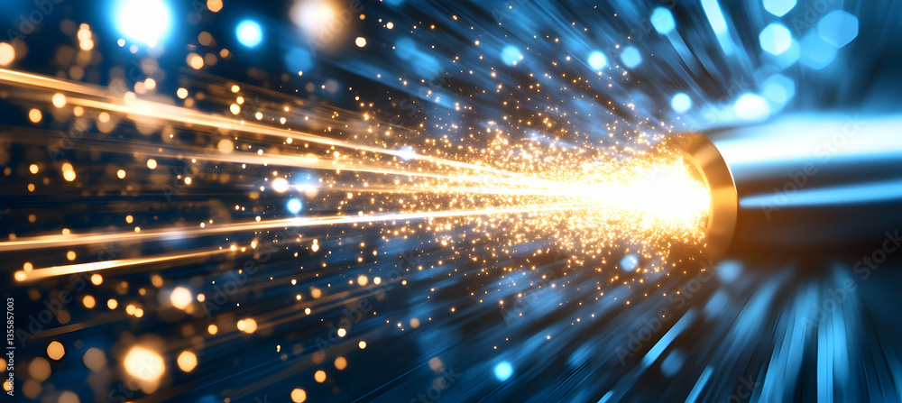 Poster glowing fiber optic cables with golden burst on deep blue background representing high speed data st