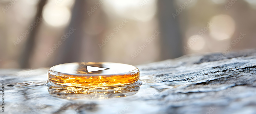 Poster glowing golden arrow button resting on textured wooden surface with a blurred wooded environment in 