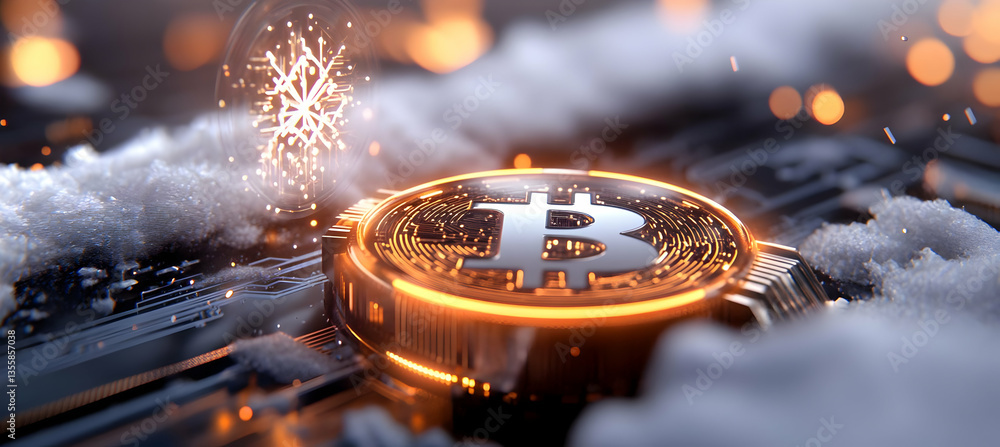 Poster glowing golden cryptocurrency coin covered in snow with bokeh background and digital snowflake graph