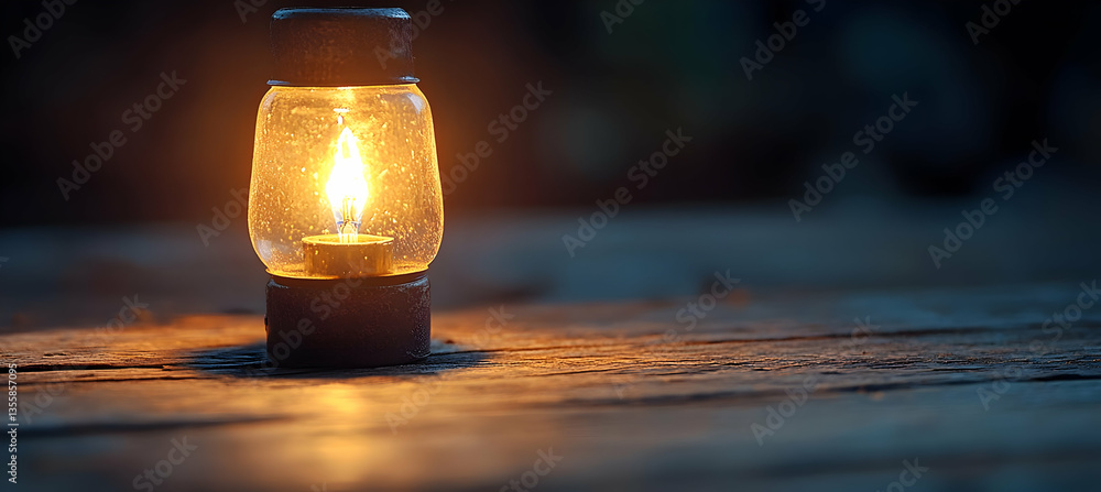 Poster glowing lantern on wooden table illuminates the night with soft warm light reflecting on the surface