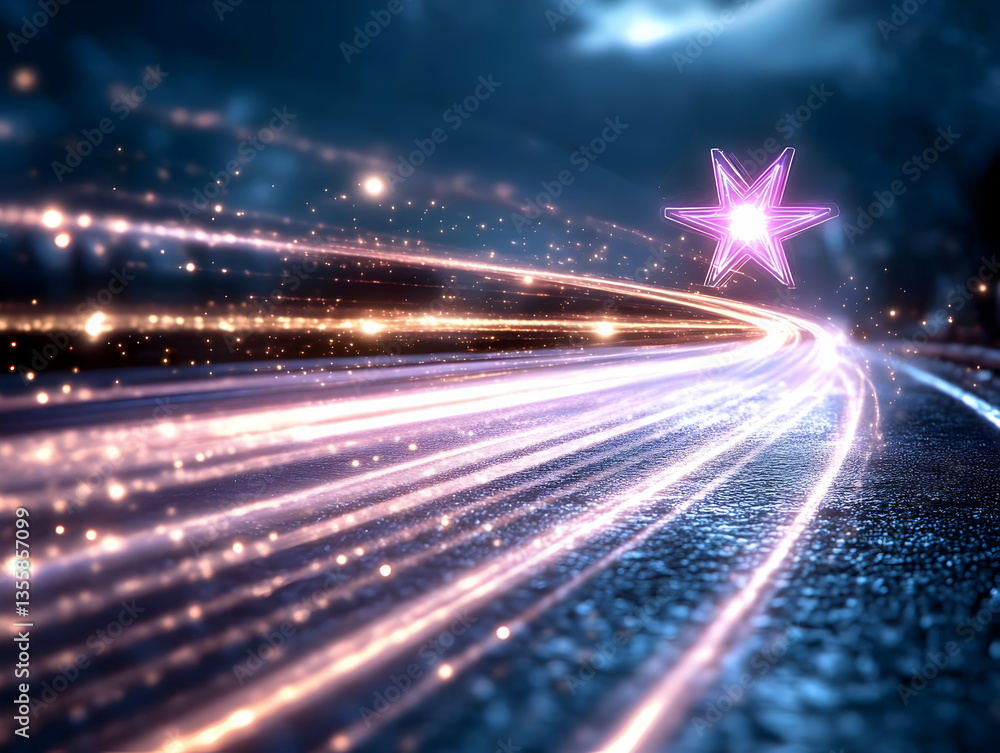 Poster glowing light trails streaking through a dark urban landscape with a star in the sky creating a sens