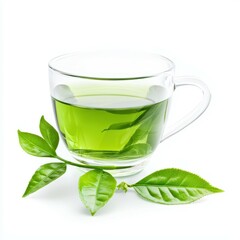 A refreshing glass of green tea garnished with fresh leaves.
