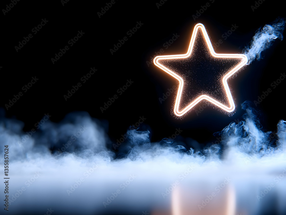Poster glowing star design with sparkling particle trails and smoky mist in deep black background featuring