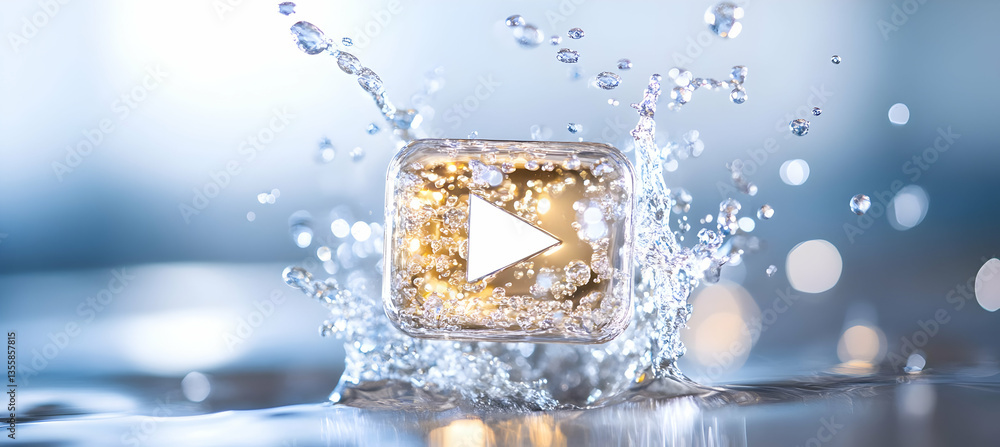 Poster gold cube with white triangle play symbol and water splash against a light blue gradient backdrop in