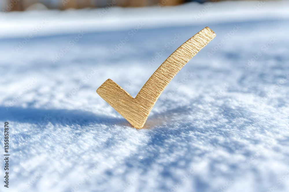 Aufkleber golden check mark symbol embedded in gleaming white snow in a snowy landscape on a sunny winter day 