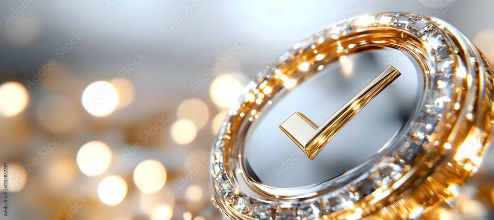 Poster golden check mark encased in clear glass with bokeh background achievement symbol verification succe