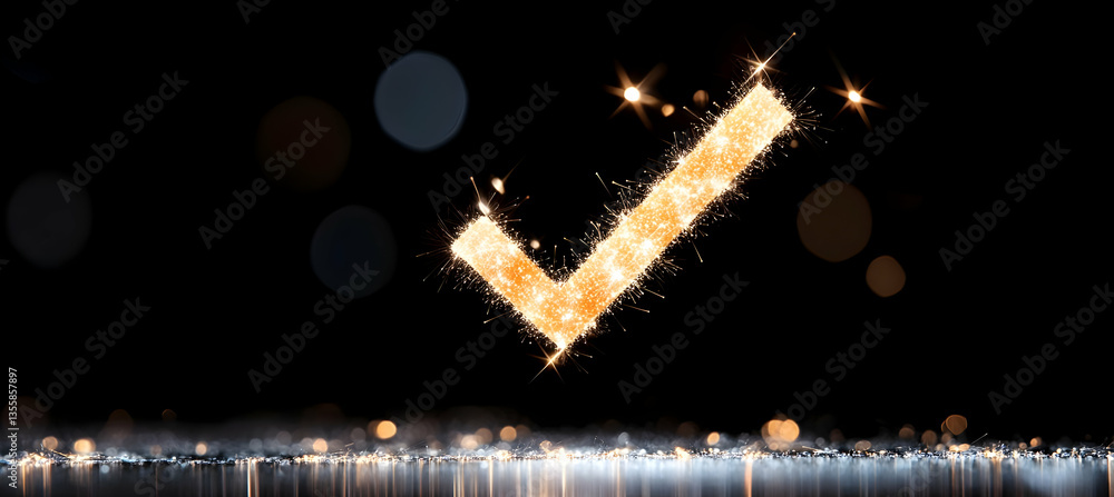Poster golden check mark sparkling on black background with bokeh effects reflecting light success approval