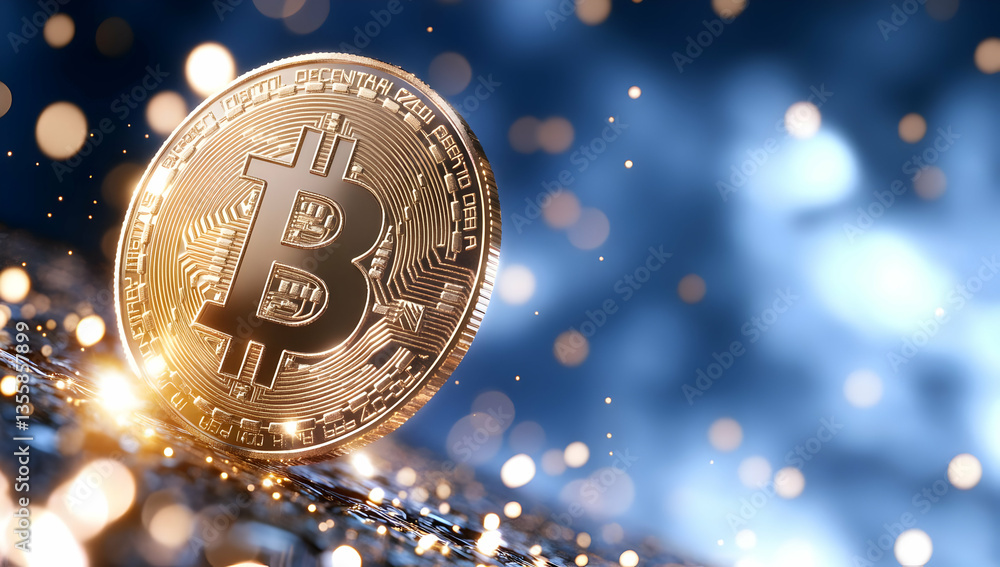 Poster golden bitcoin symbol on dark blue background with bokeh lights and ornate surface pattern represent