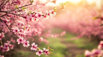 Beautiful spring scene showing a peach bush in bloom with delicate pink flowers against a colorful background.