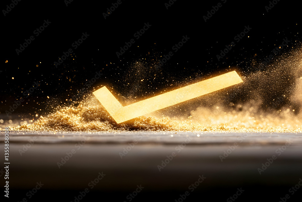 Aufkleber golden check mark floating with glittering particle dust on wood surface against black background as