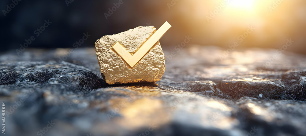 Poster golden check mark symbol on cracked stone surface with soft lighting showing approval accuracy and t