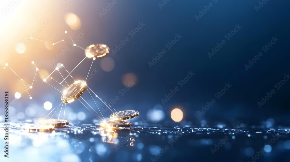 Poster golden coins floating above a blue reflective surface with glowing light and connection points repre