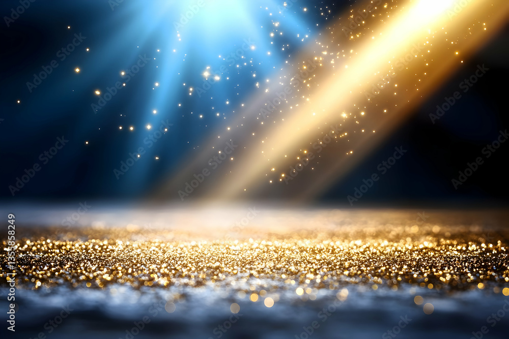 Poster golden glittering dust with blue light rays on a dark background creating an abstract magical atmosp