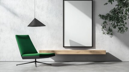 Modern lounge with emerald green chair and minimalist decor contemporary interior indoor view