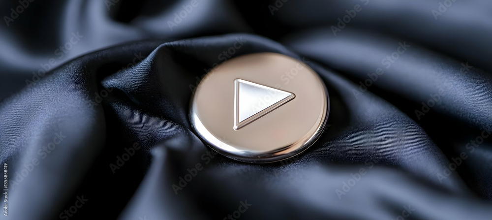 Poster golden play button emblem on dark silk fabric background with smooth texture and art deco style desi