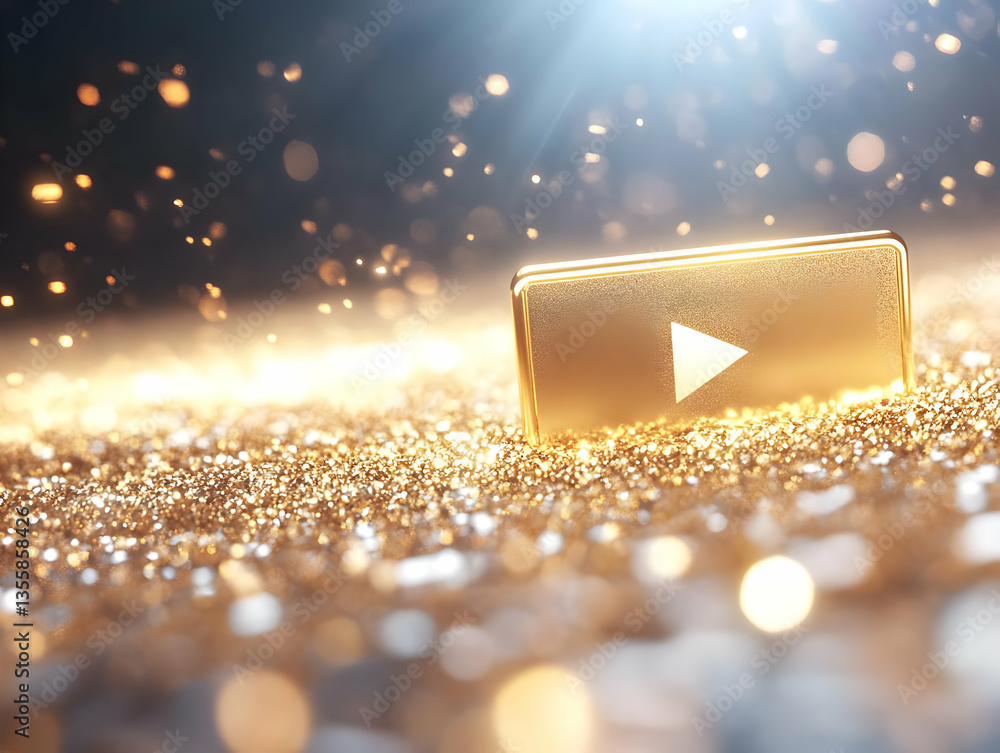 Poster golden play button floating over glittering gold surface with sparkling light effects represents mul
